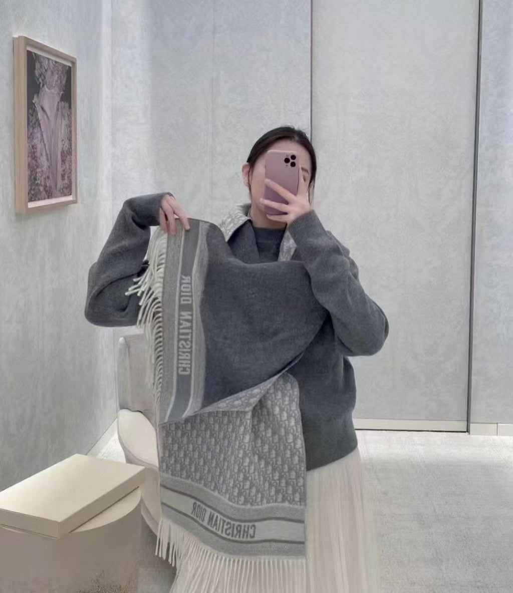 DIOR OBLIQUE 190 CM SCARF IN LIGHT GREY TECHNICAL CASHMERE 415487
