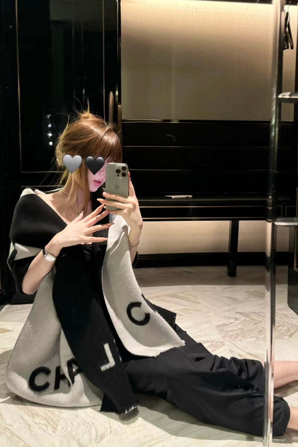 CHANEL SCARF 200 CM IN BLACK MIX WHITE CASHMERE AND WOOL 401299