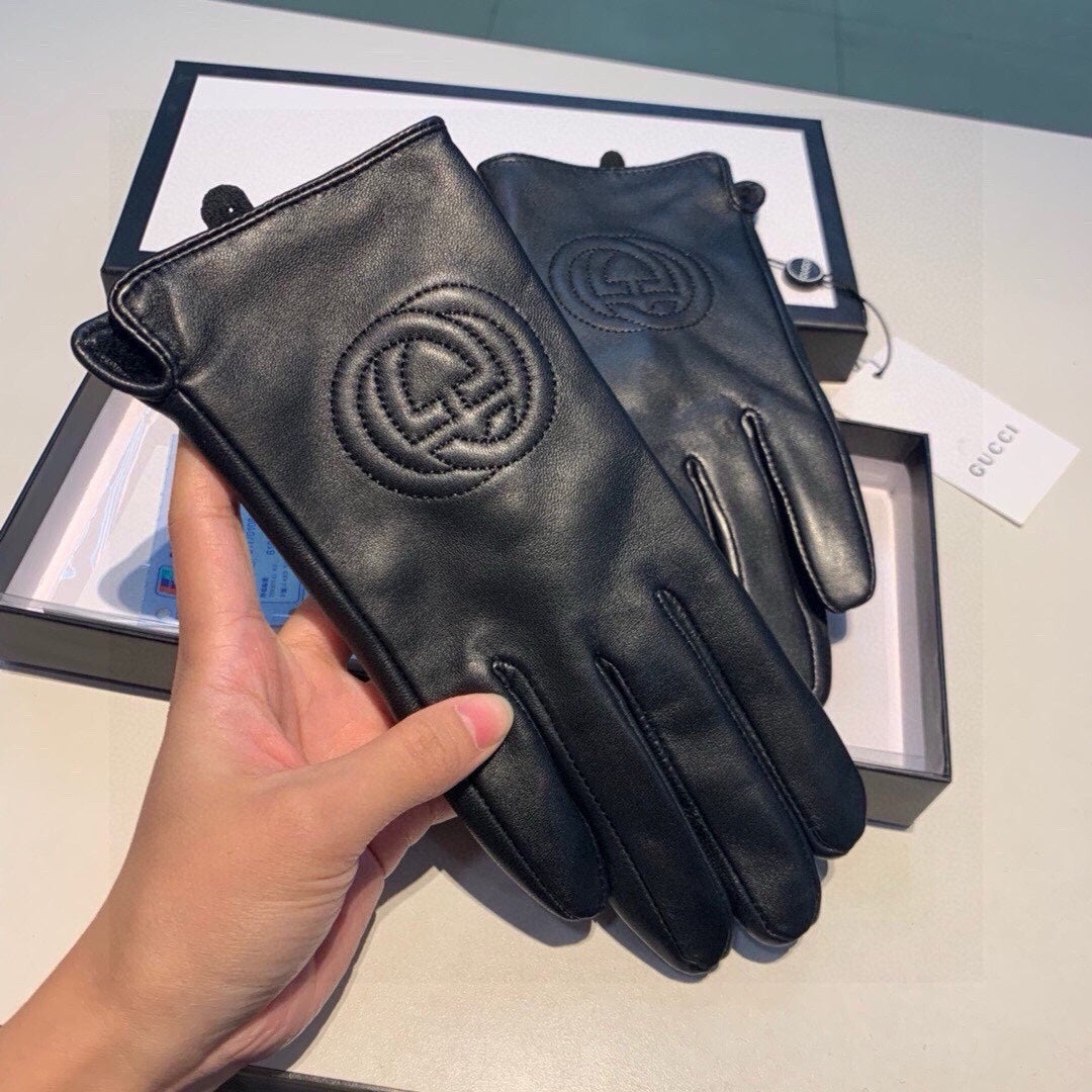 GUCCI GLOVES WITH EMBROIDERY DESIGN IN BLACK LAMBSKIN AND WOOL LINING 407774