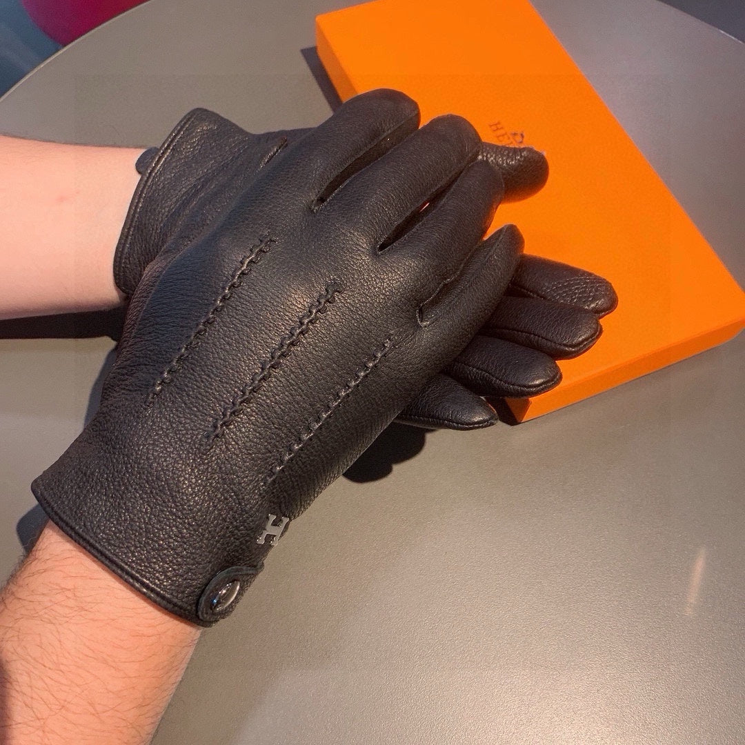 HERMES HUBERT GLOVES IN BLACK DEERSKIN WITH LAMB WOOL LINING 432639