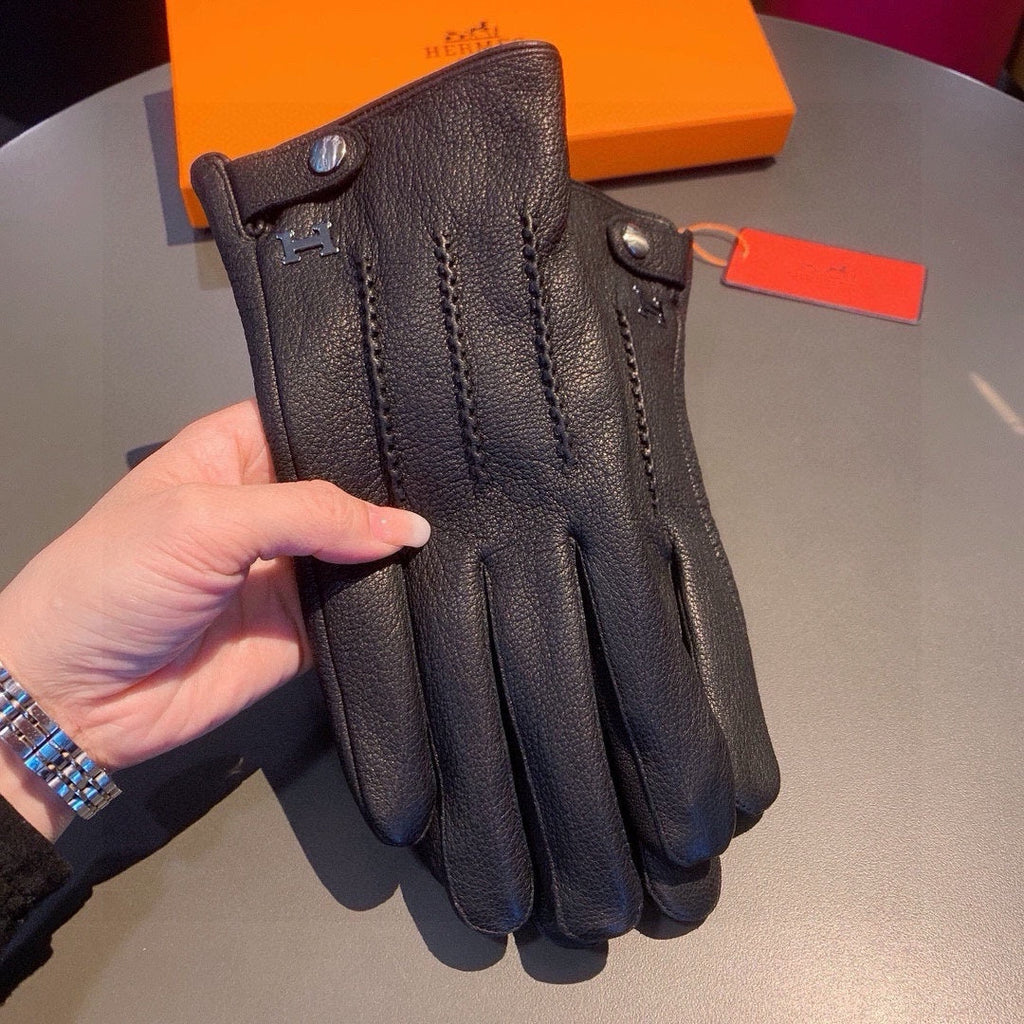 HERMES HUBERT GLOVES IN BLACK DEERSKIN WITH LAMB WOOL LINING 432639