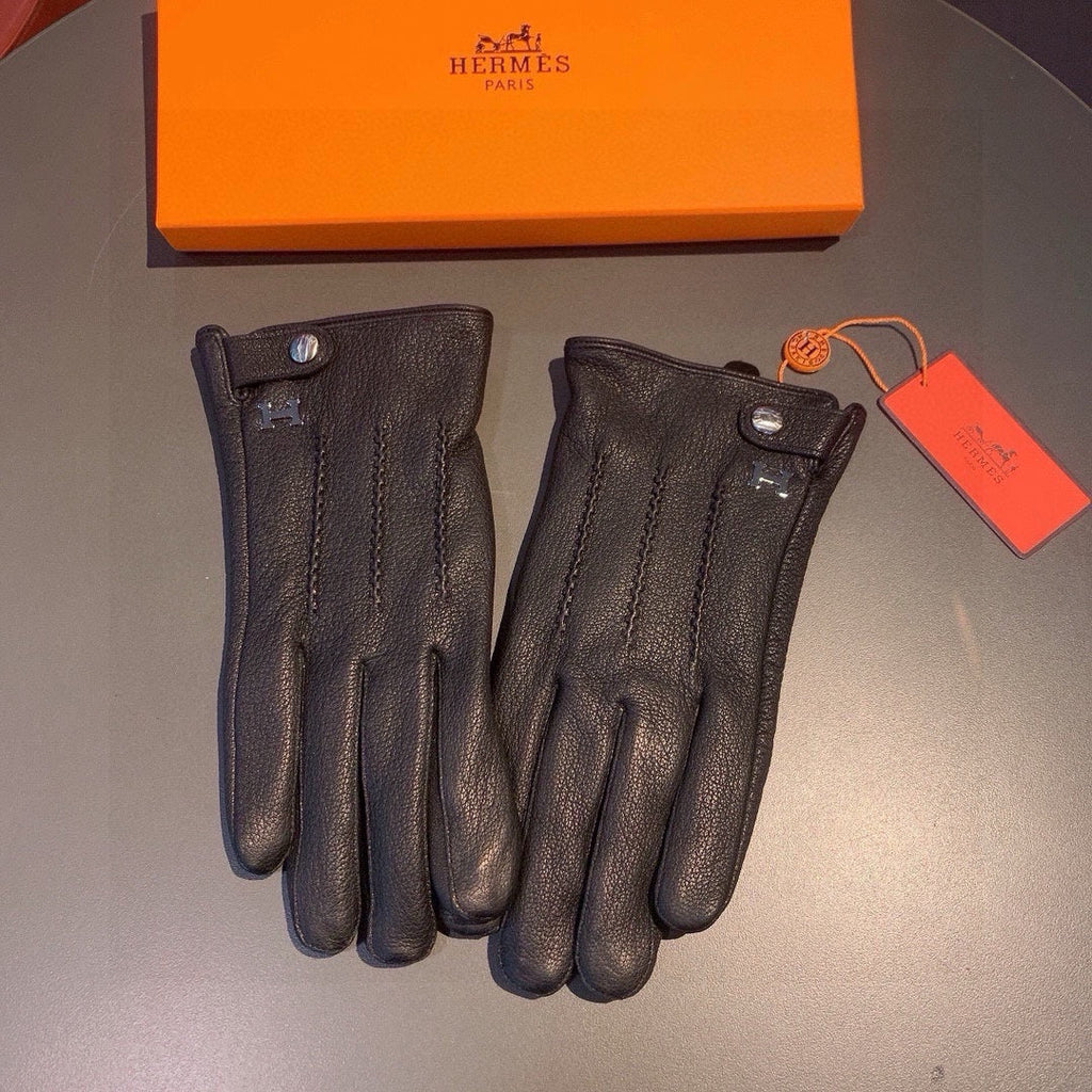 HERMES HUBERT GLOVES IN BLACK DEERSKIN WITH LAMB WOOL LINING 432639