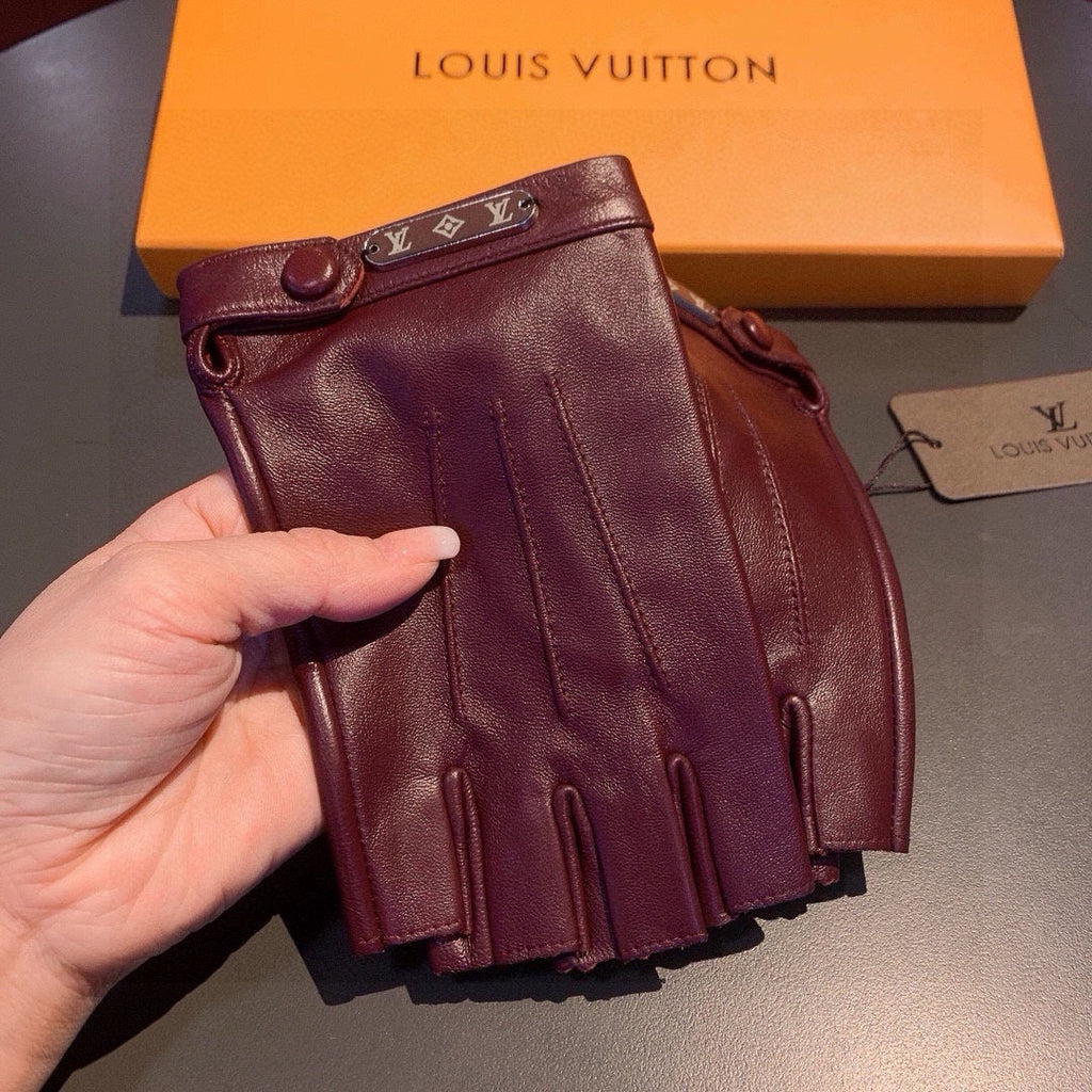 LOUIS VUITTON FINGERLESS GLOVES IN GARNET RED LAMBSKIN 453645