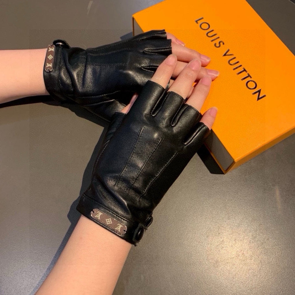 LOUIS VUITTON FINGERLESS GLOVES IN BLACK LAMBSKIN 453646