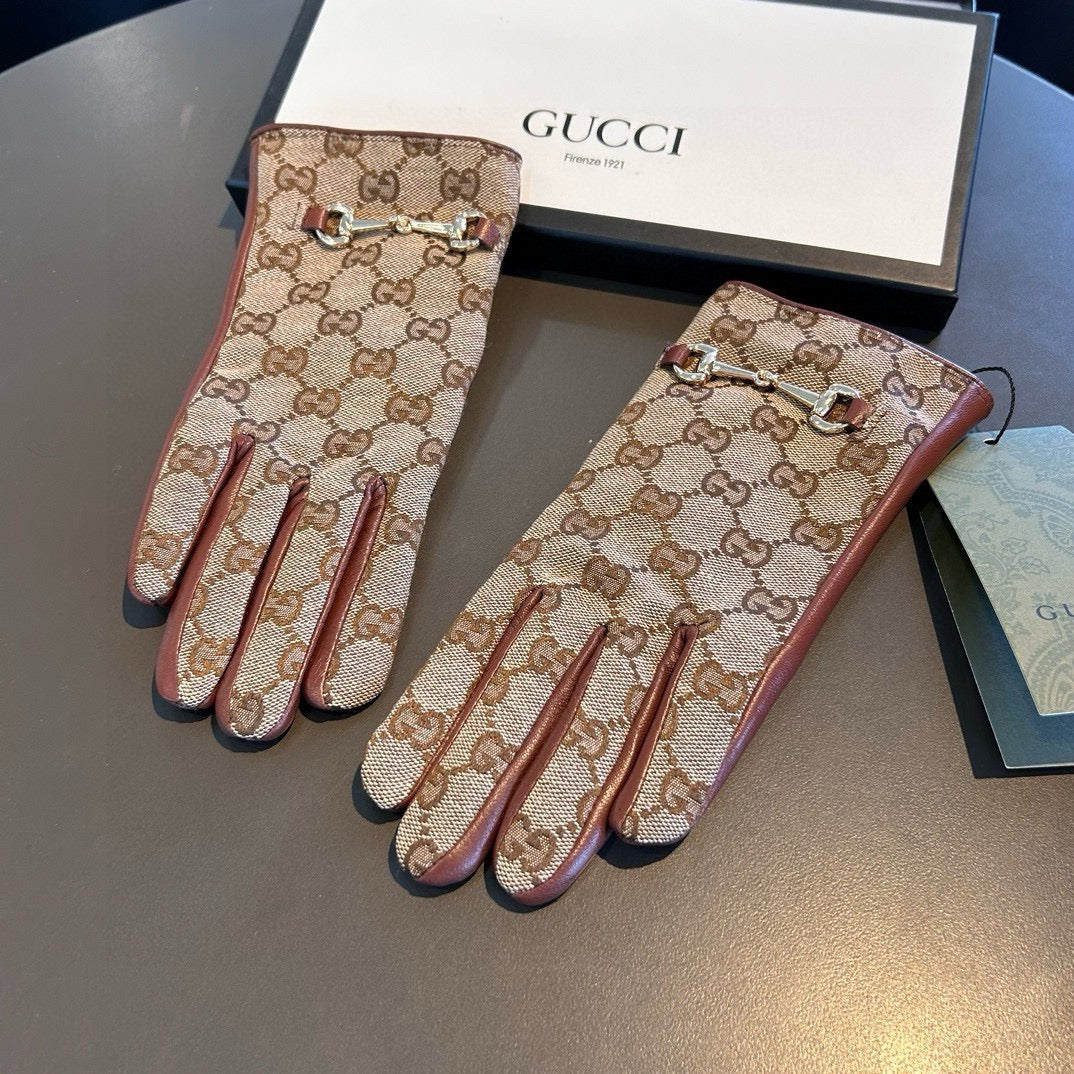 GUCCI HORSEBIT GLOVES IN BEIGE MONOGRAM JACQUARD FABRIC MIX RED BROWN SHEEPSKIN 456332