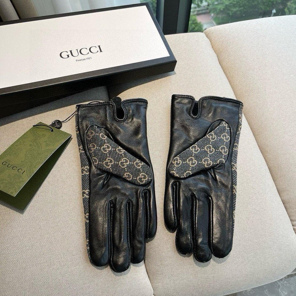GUCCI HORSEBIT GLOVES IN STONE BLUE MONOGRAM JACQUARD FABRIC MIX BLACK SHEEPSKIN 456333