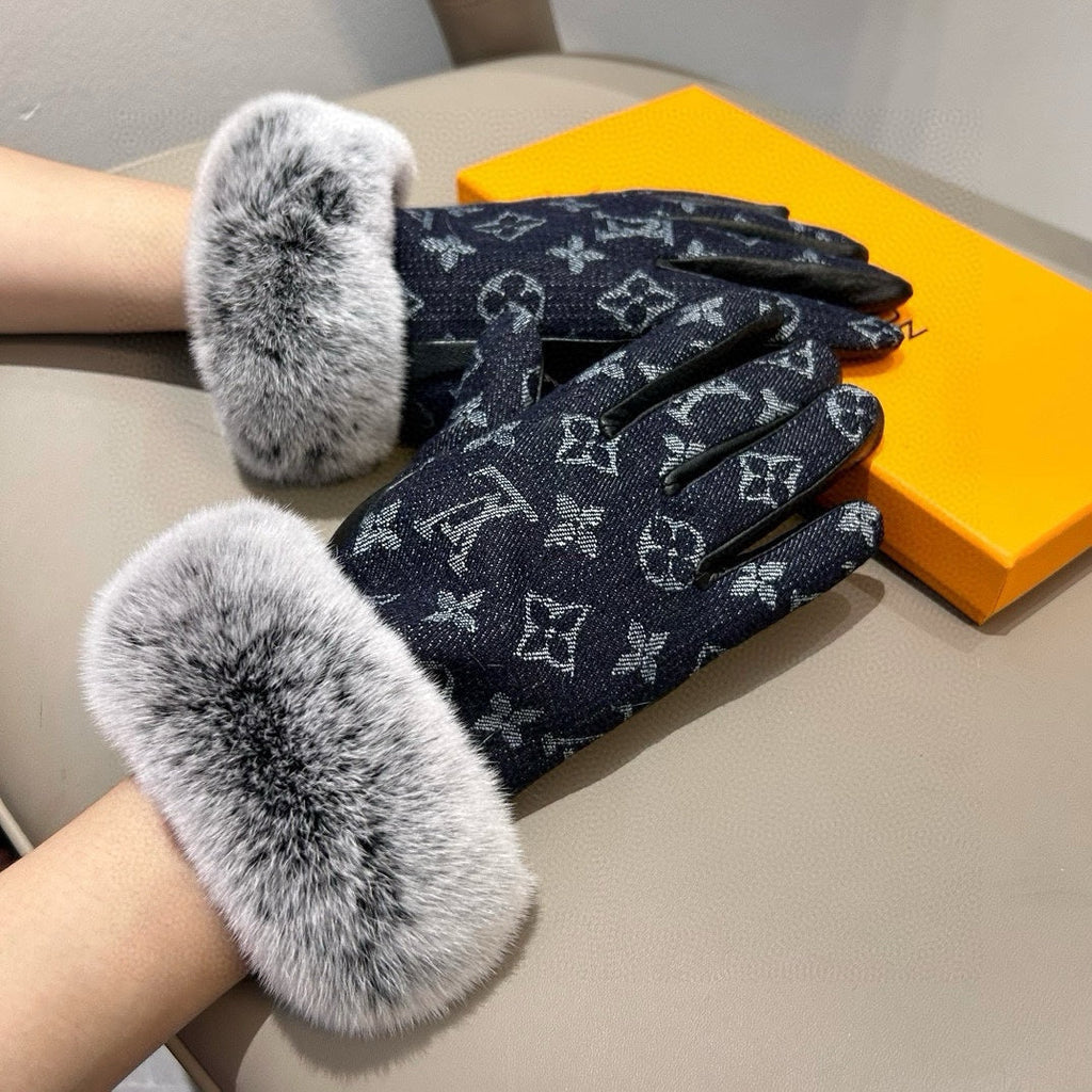 LOUIS VUITTON FINGERLESS GLOVES IN BLACK MONOGRAM DENIM AND LAMBSKIN WITH RABBIT FUR 458590