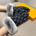 LOUIS VUITTON FINGERLESS GLOVES IN BLACK MONOGRAM DENIM AND LAMBSKIN WITH RABBIT FUR 458590