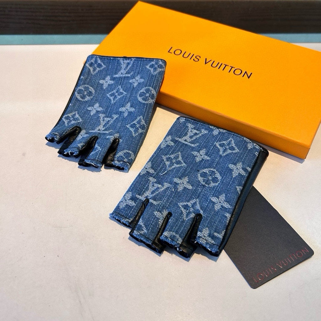 LOUIS VUITTON FINGERLESS GLOVES IN ELECTRIC BLUE MONOGRAM DENIM AND BLACK LAMBSKIN 460107