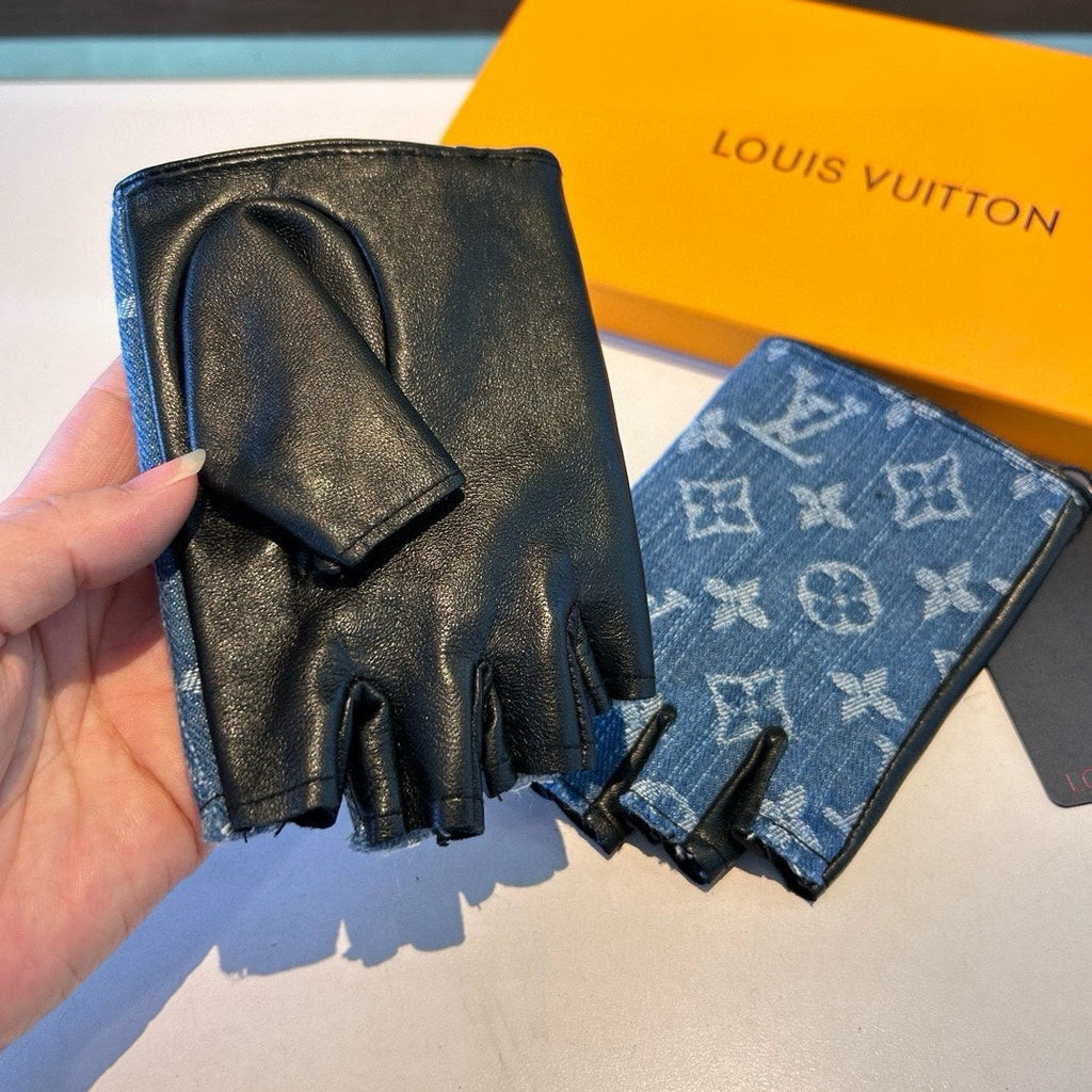 LOUIS VUITTON FINGERLESS GLOVES IN ELECTRIC BLUE MONOGRAM DENIM AND BLACK LAMBSKIN 460107