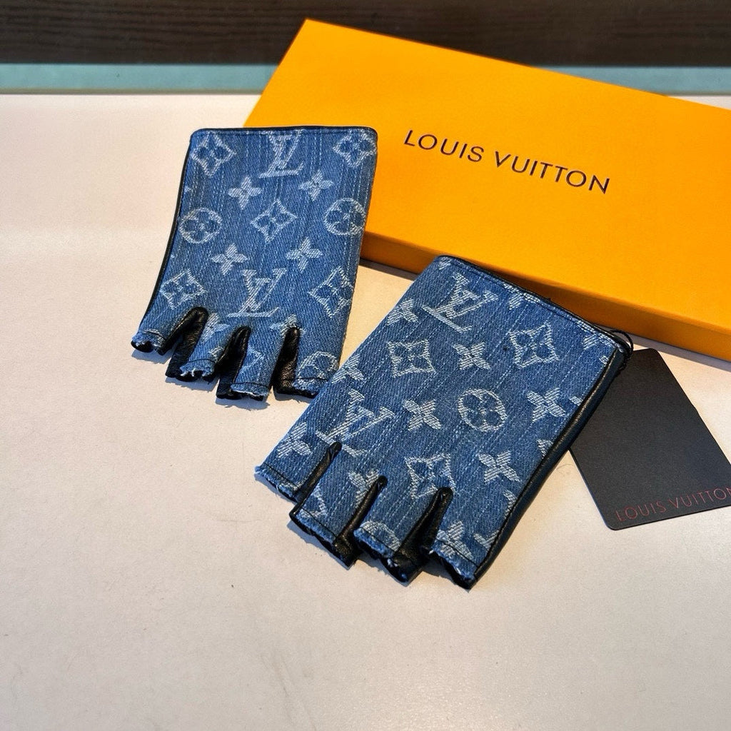 LOUIS VUITTON FINGERLESS GLOVES IN ELECTRIC BLUE MONOGRAM DENIM AND BLACK LAMBSKIN 460107