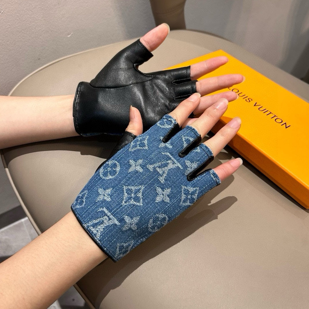 LOUIS VUITTON FINGERLESS GLOVES IN ELECTRIC BLUE MONOGRAM DENIM AND BLACK LAMBSKIN 460107