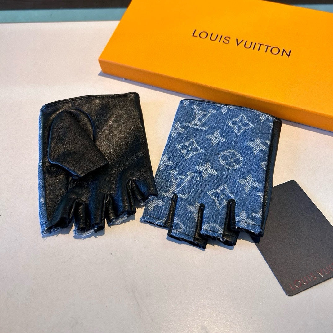 LOUIS VUITTON FINGERLESS GLOVES IN ELECTRIC BLUE MONOGRAM DENIM AND BLACK LAMBSKIN 460107