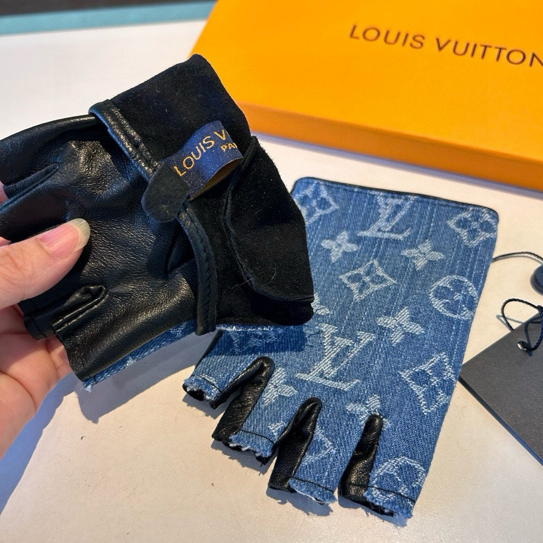 LOUIS VUITTON FINGERLESS GLOVES IN ELECTRIC BLUE MONOGRAM DENIM AND BLACK LAMBSKIN 460107
