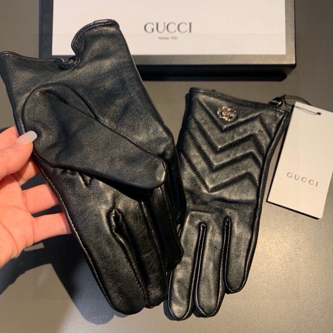 GUCCI TOUCHSCREEN GLOVES IN BLACK LAMBSKIN AND FABRIC LINING 463861
