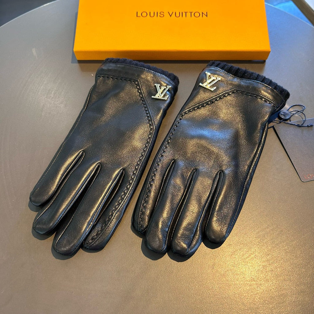 LOUIS VUITTON GLOVES IN BLACK LAMBSKIN WITH GOLD LOGO 465009