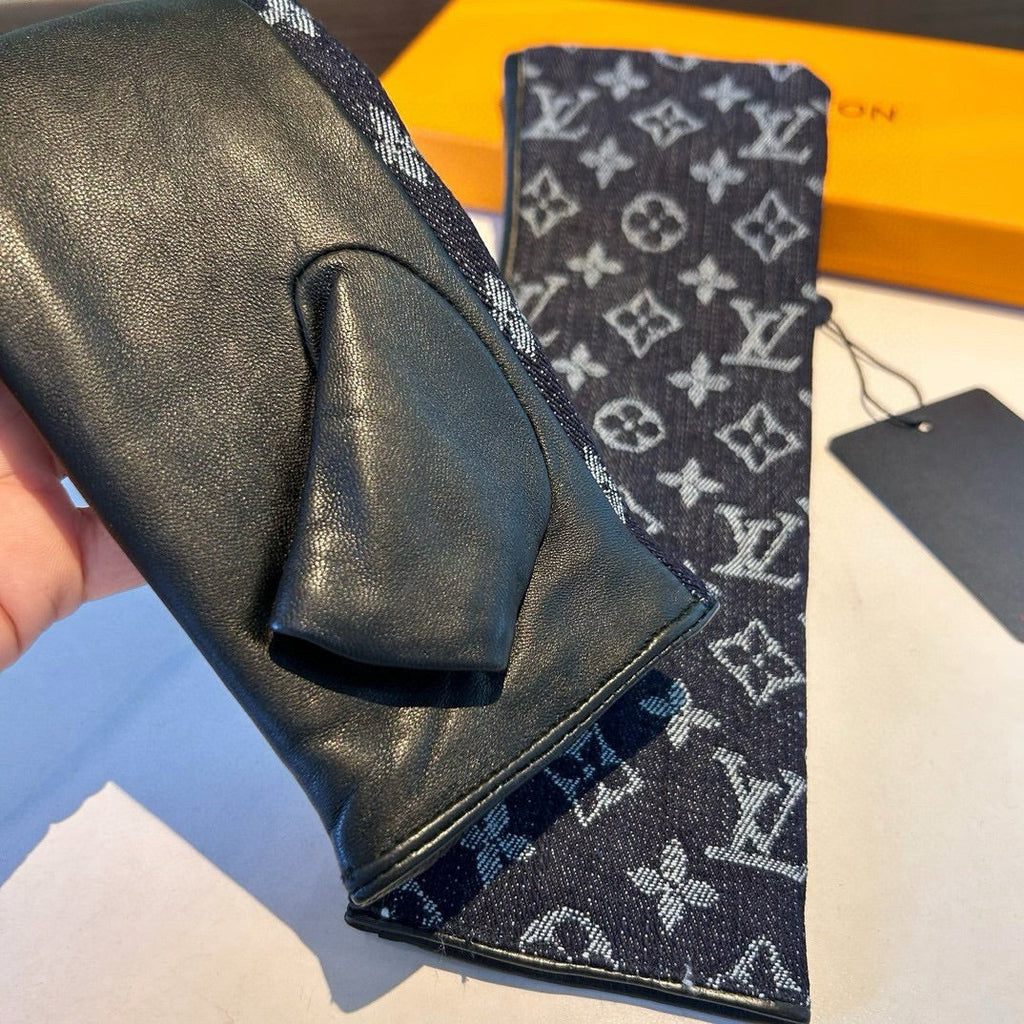 LOUIS VUITTON FINGERLESS LONG GLOVES IN BLACK MONOGRAM DENIM AND LAMBSKIN
