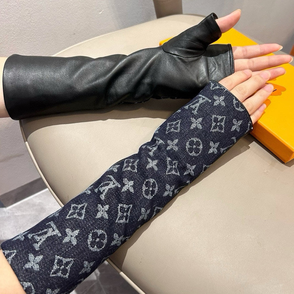 LOUIS VUITTON FINGERLESS LONG GLOVES IN BLACK MONOGRAM DENIM AND LAMBSKIN