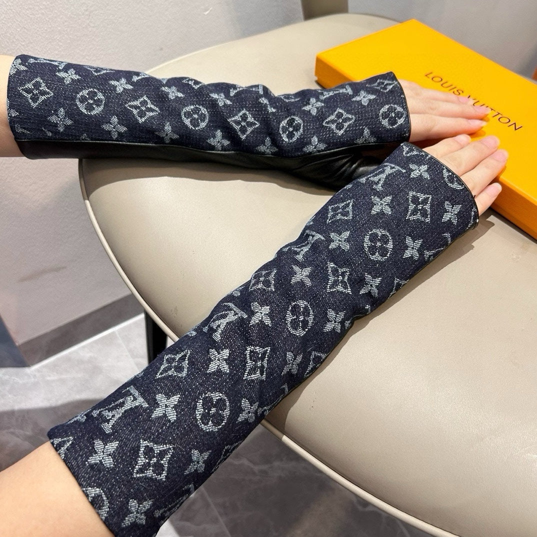 LOUIS VUITTON FINGERLESS LONG GLOVES IN BLACK MONOGRAM DENIM AND LAMBSKIN