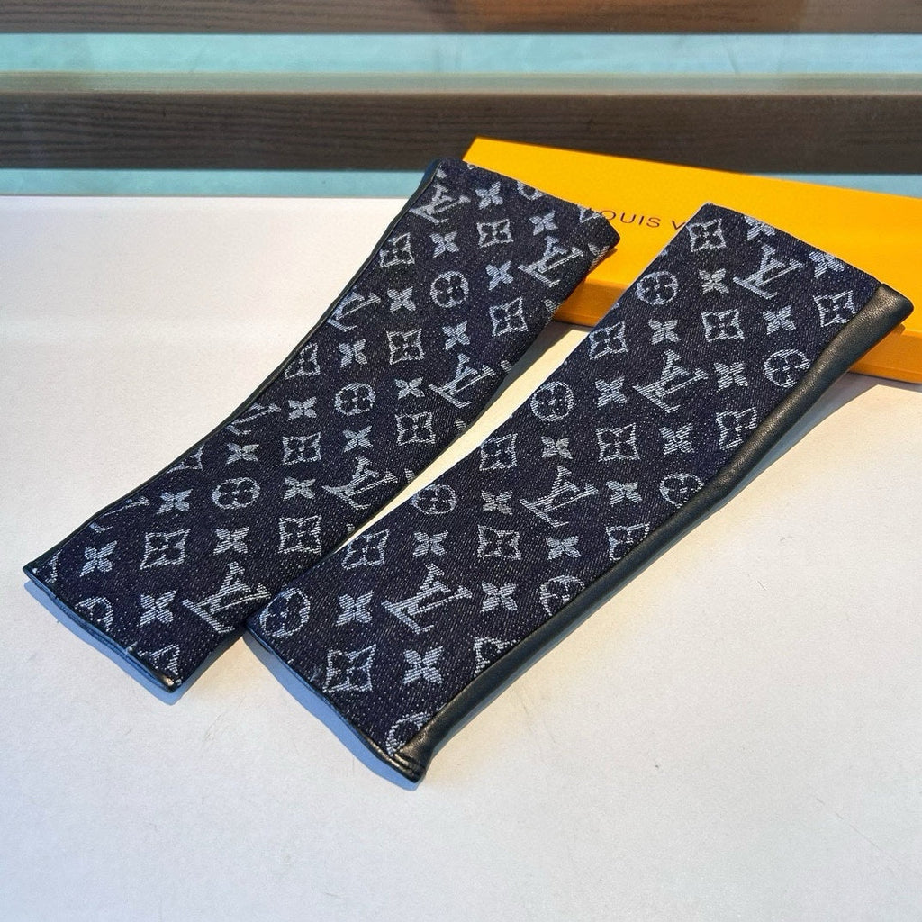LOUIS VUITTON FINGERLESS LONG GLOVES IN BLACK MONOGRAM DENIM AND LAMBSKIN