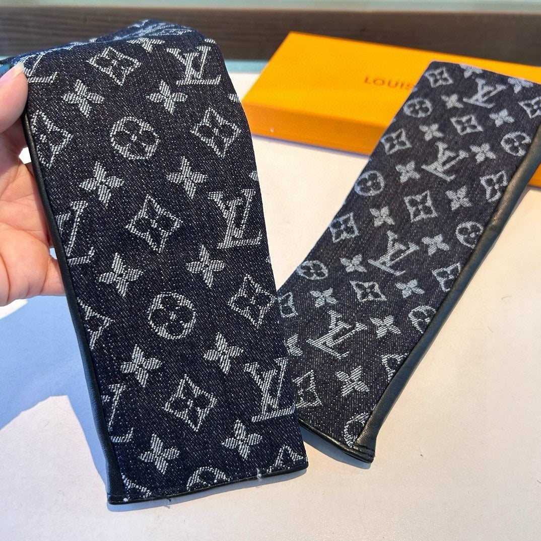 LOUIS VUITTON FINGERLESS LONG GLOVES IN BLACK MONOGRAM DENIM AND LAMBSKIN