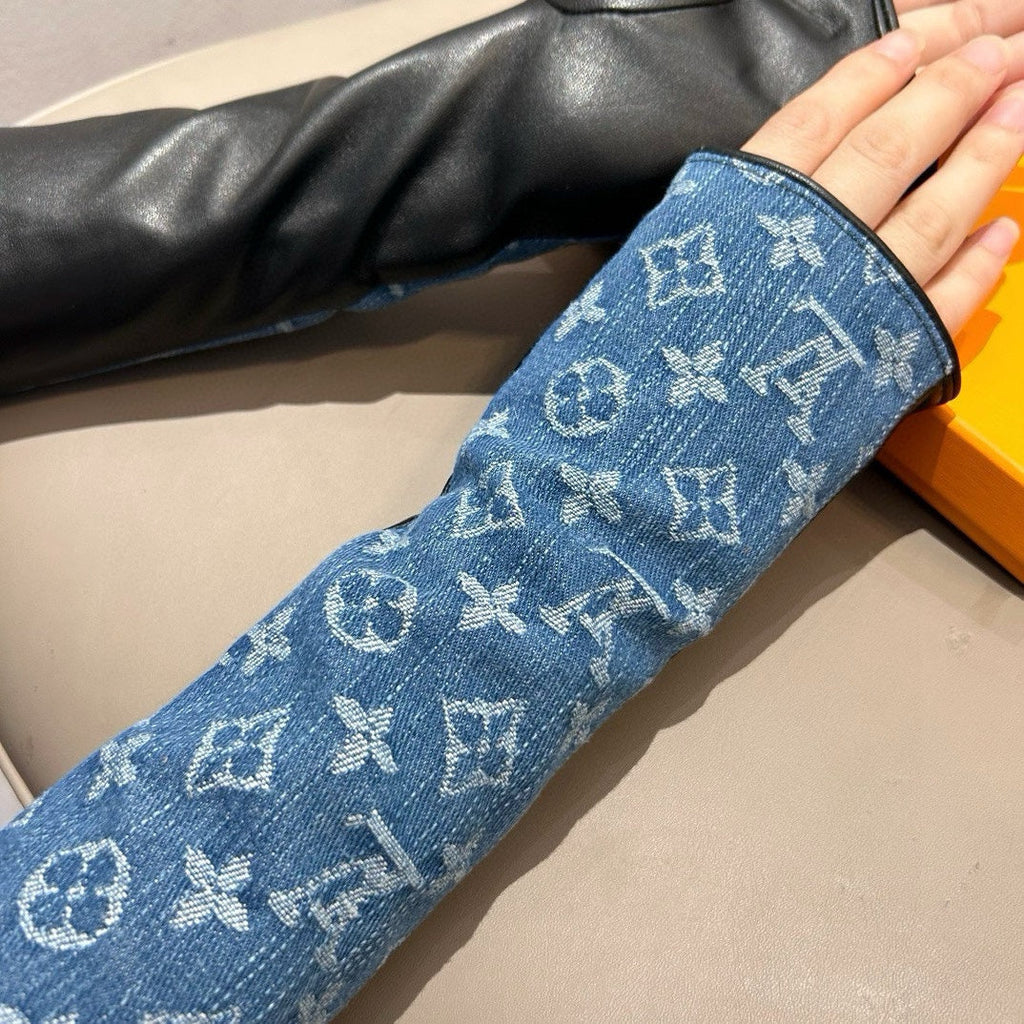 LOUIS VUITTON FINGERLESS LONG GLOVES IN AZURE BLUE MONOGRAM DENIM AND BLACK LAMBSKIN