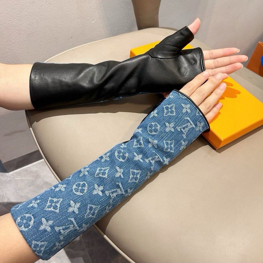 LOUIS VUITTON FINGERLESS LONG GLOVES IN AZURE BLUE MONOGRAM DENIM AND BLACK LAMBSKIN