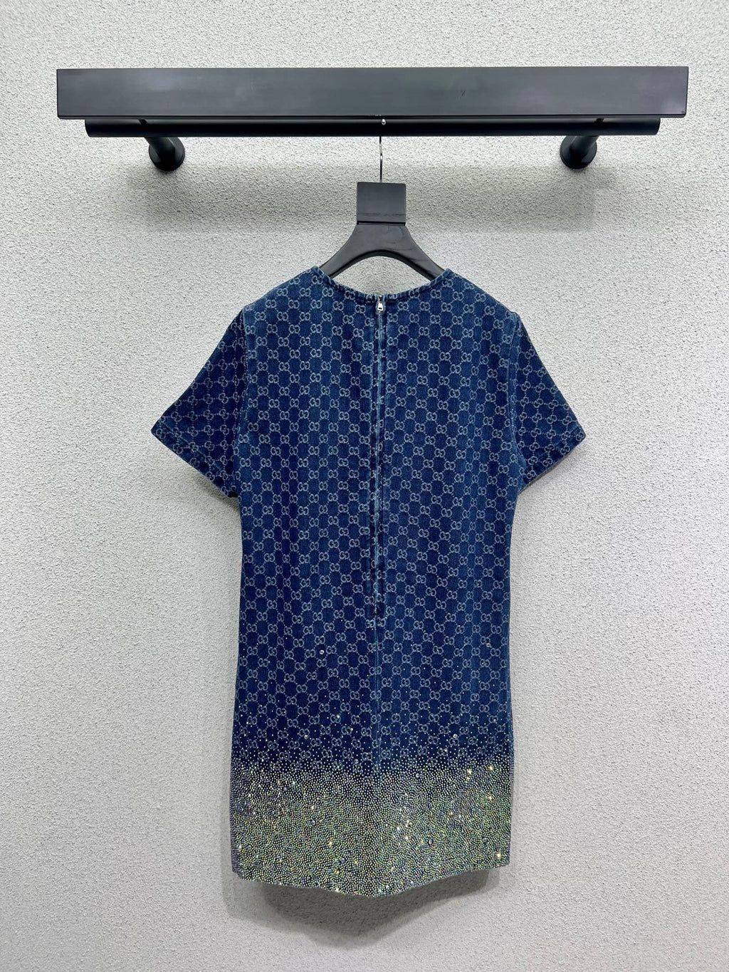 GUCCI Blue Monogram Crystal Embellished Mini Dress