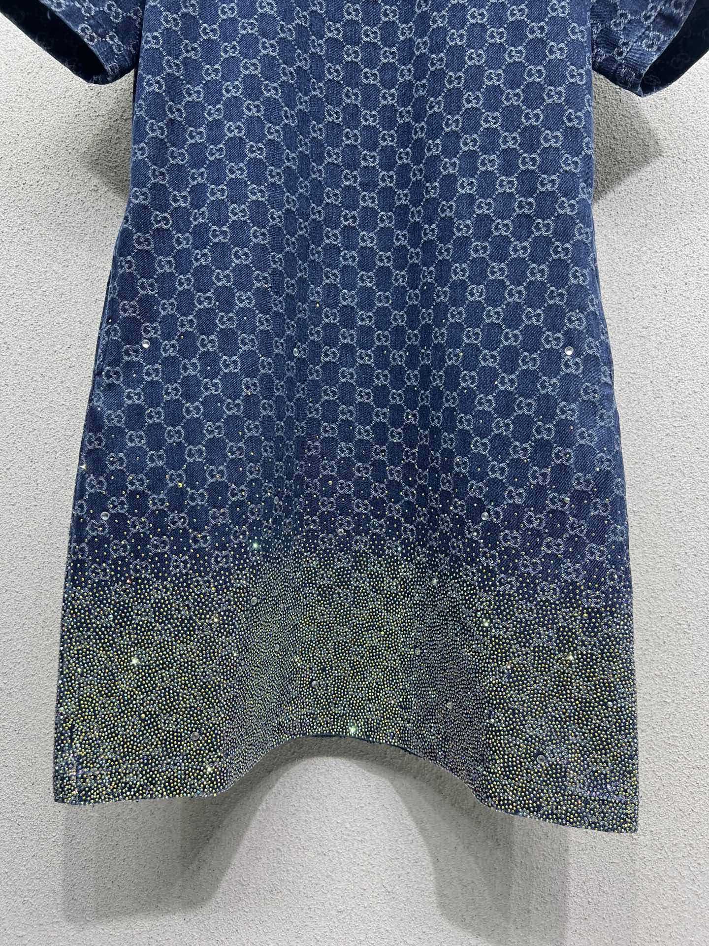 GUCCI Blue Monogram Crystal Embellished Mini Dress