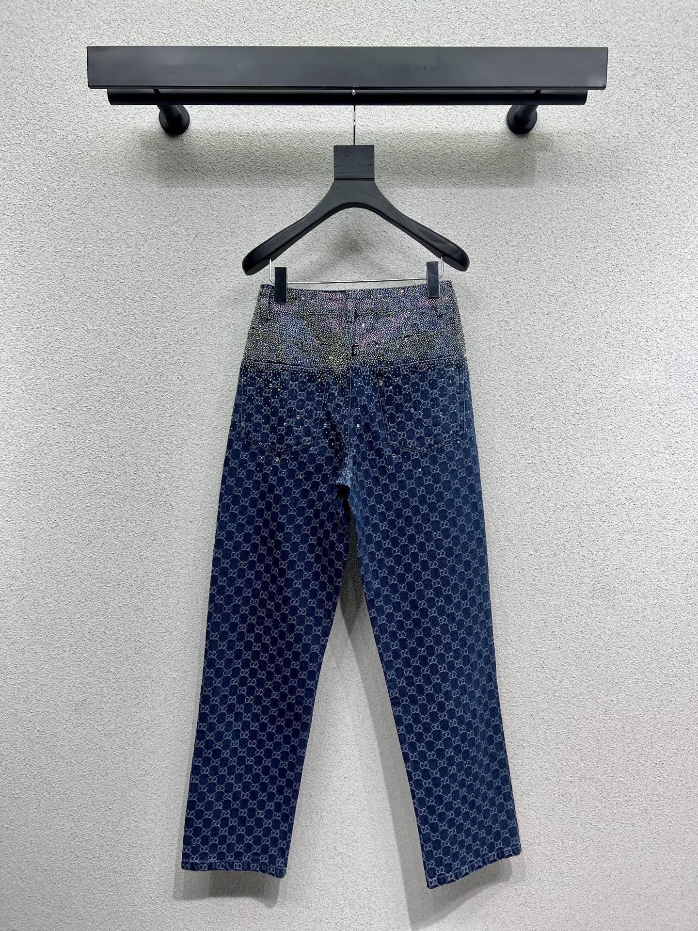 GUCCI Blue Monogram Crystal Embellished Jean