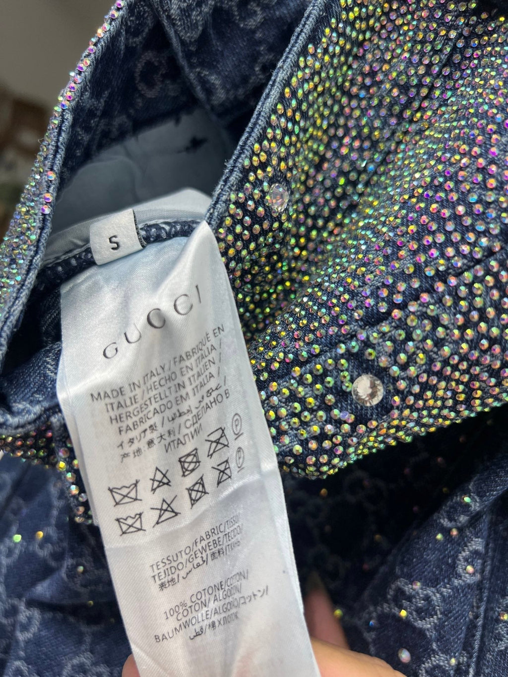 GUCCI Blue Monogram Crystal Embellished Jean