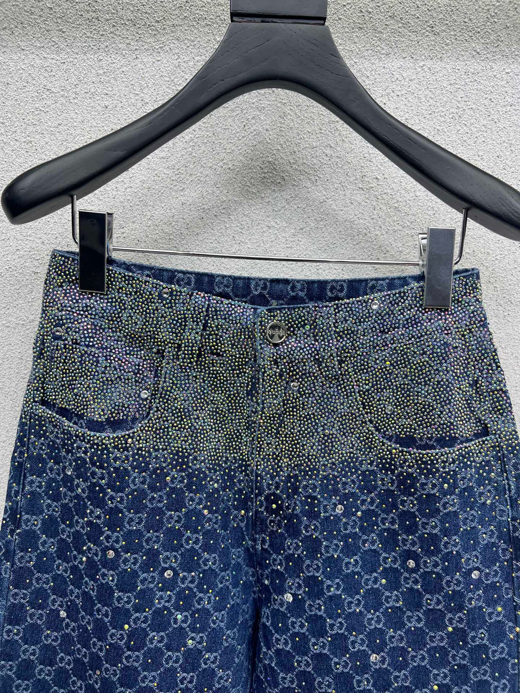 GUCCI Blue Monogram Crystal Embellished Jean