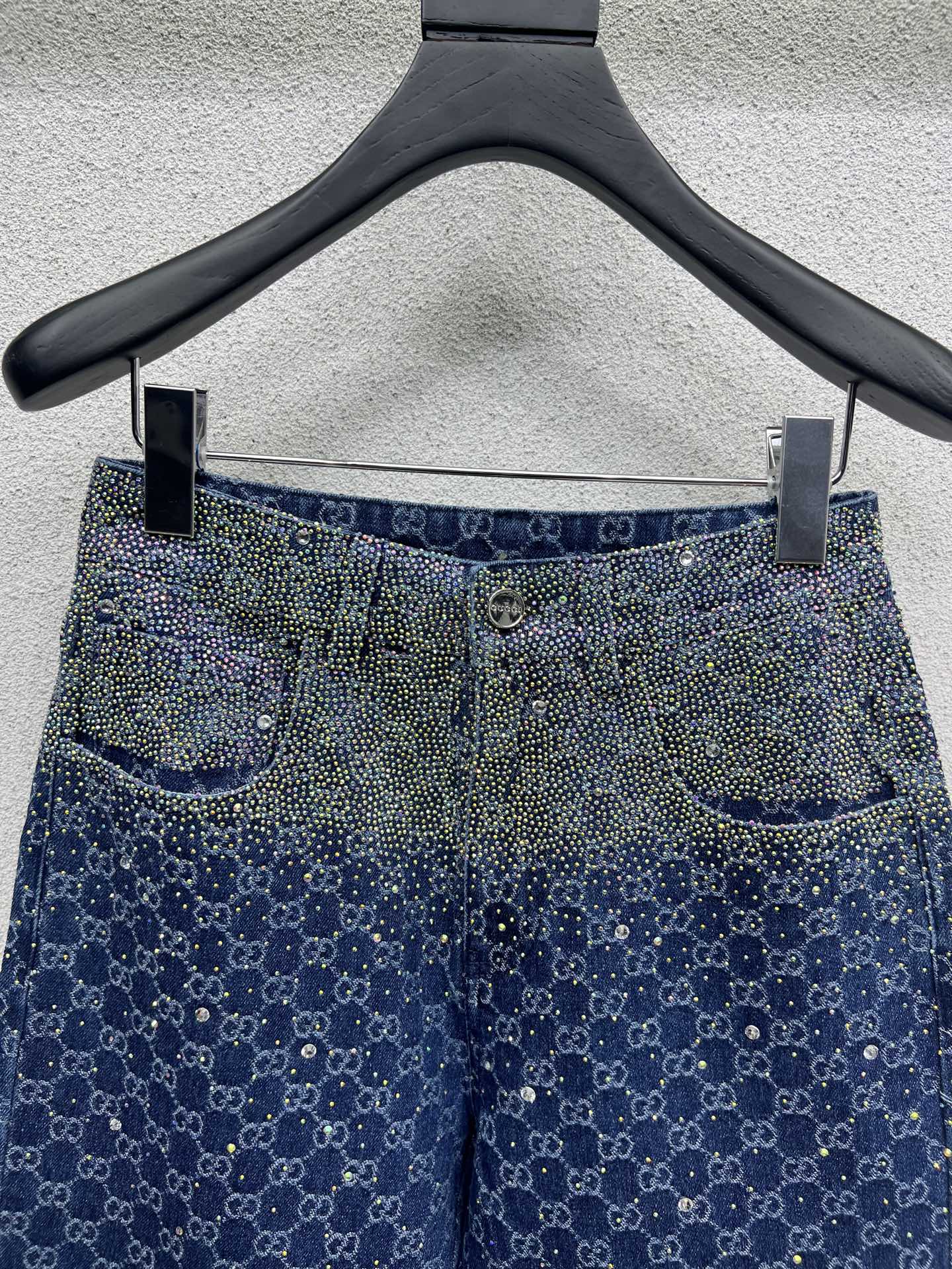 GUCCI Blue Monogram Crystal Embellished Jean