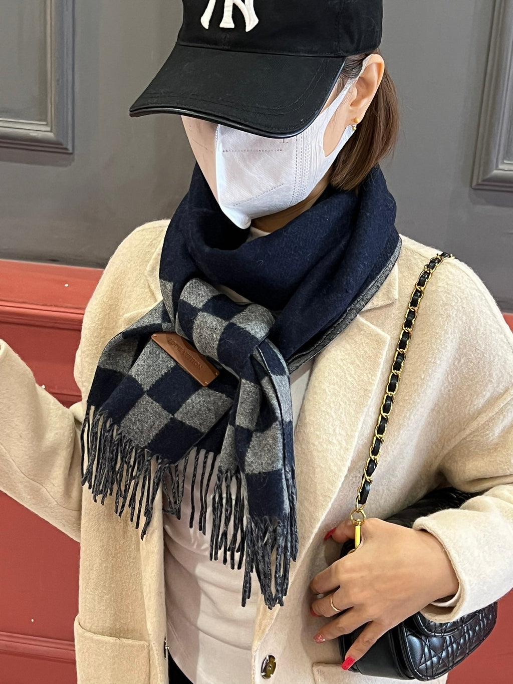 LOUIS VUITTON DAMIER SCARF 180 CM IN MIDNIGHT BLUE MIX GRAY CASHMERE 388316
