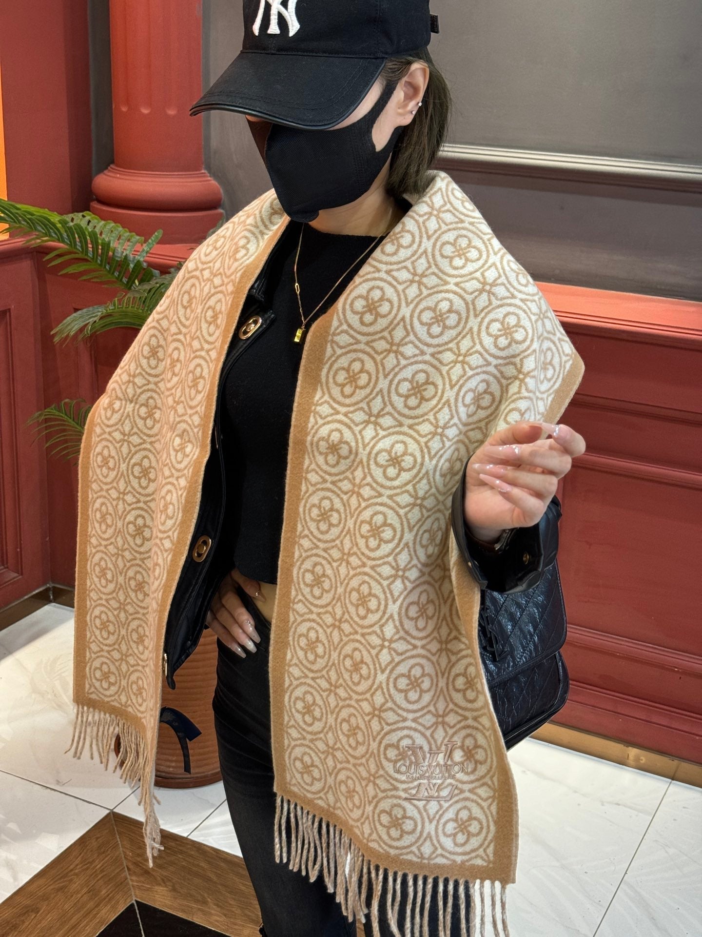 LOUIS VUITTON FLOWER MONOGRAM SCARF 180 CM IN TORTILLA BROWN MIX WHITE CASHMERE 388304
