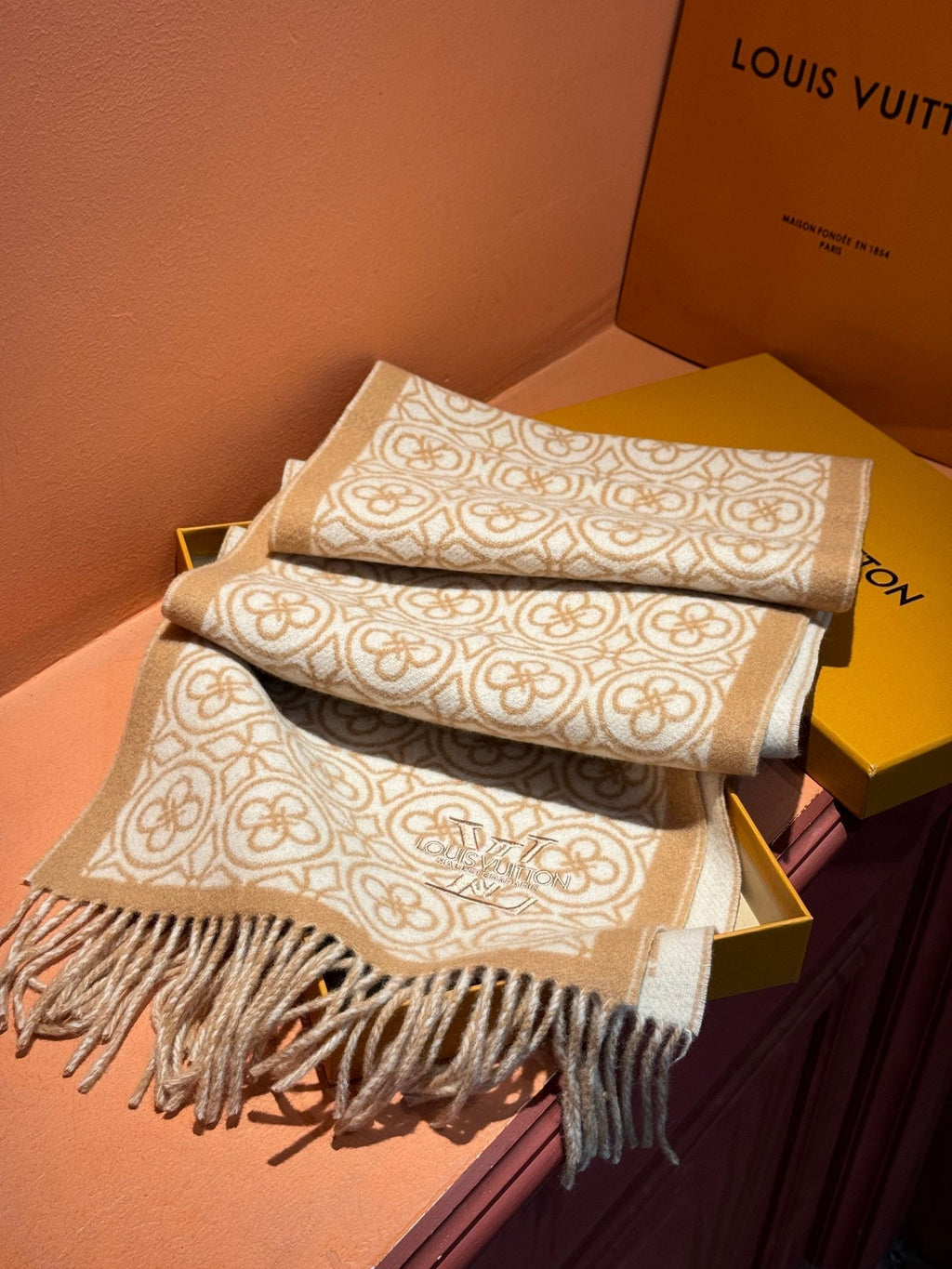 LOUIS VUITTON FLOWER MONOGRAM SCARF 180 CM IN TORTILLA BROWN MIX WHITE CASHMERE 388304
