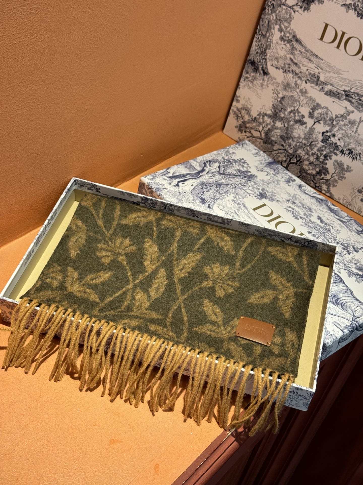 DIOR SCARF 180 CM IN OLIVE GREEN MONOGRAM CASHMERE 394642