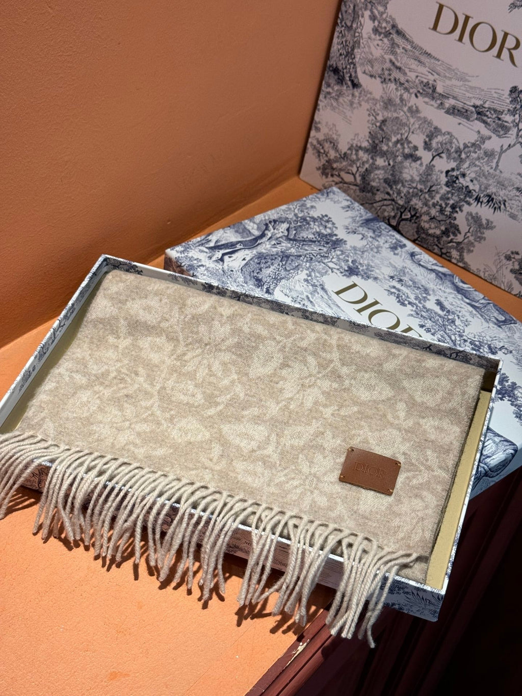 DIOR SCARF 180 CM IN ECRU TAN MONOGRAM CASHMERE 394644