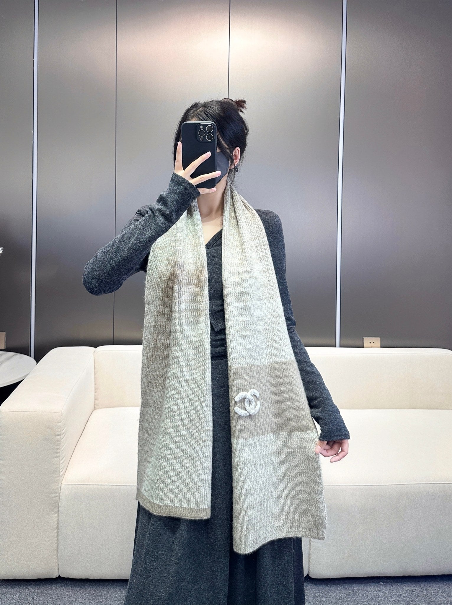 CHANEL SCARF 180 CM IN KHAKI BROWN CASHMERE 389978
