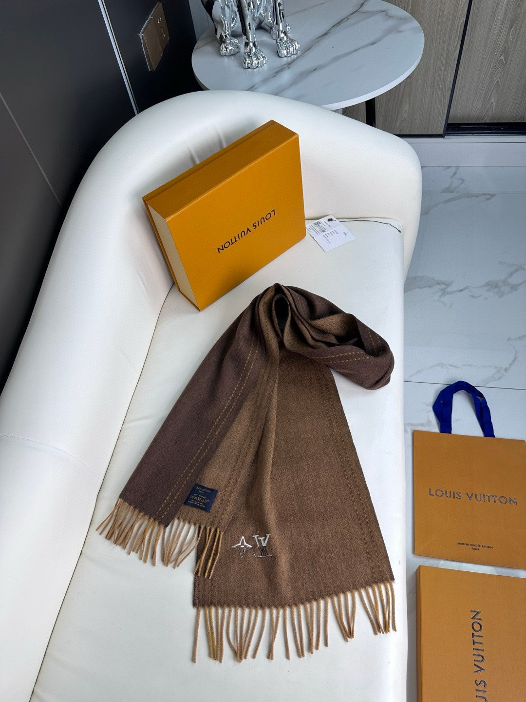LOUIS VUITTON DUAL SCARF 180 CM IN CHOCOLATE BROWN CASHMERE 398376