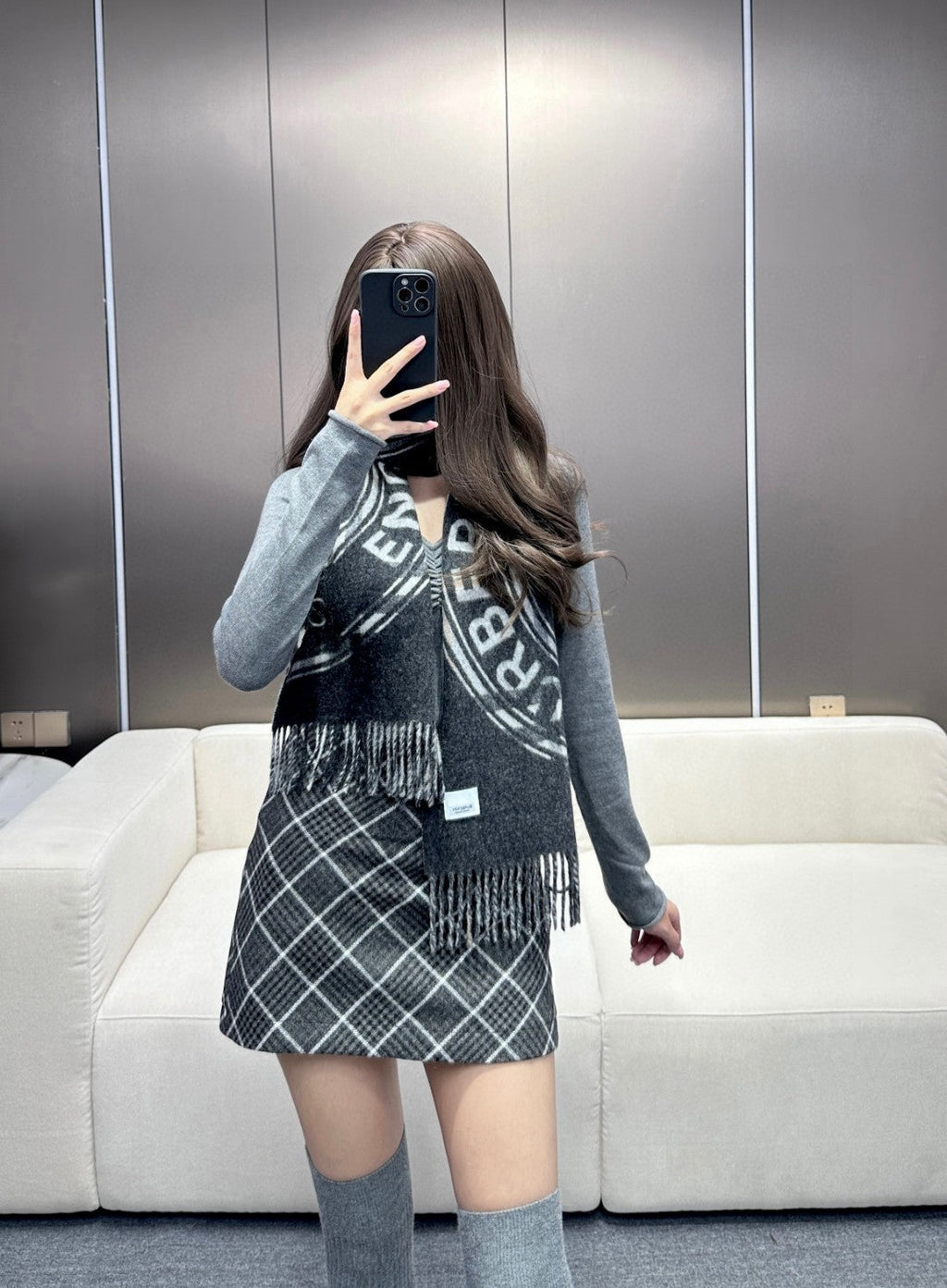 SCARF 180 CM IN BLACK AND LIGHT GRAY CASHMERE 407242