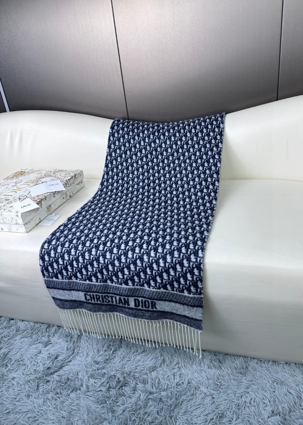 DIOR SCARF IN NAVY BLUE MONOGRAM CASHMERE 413719