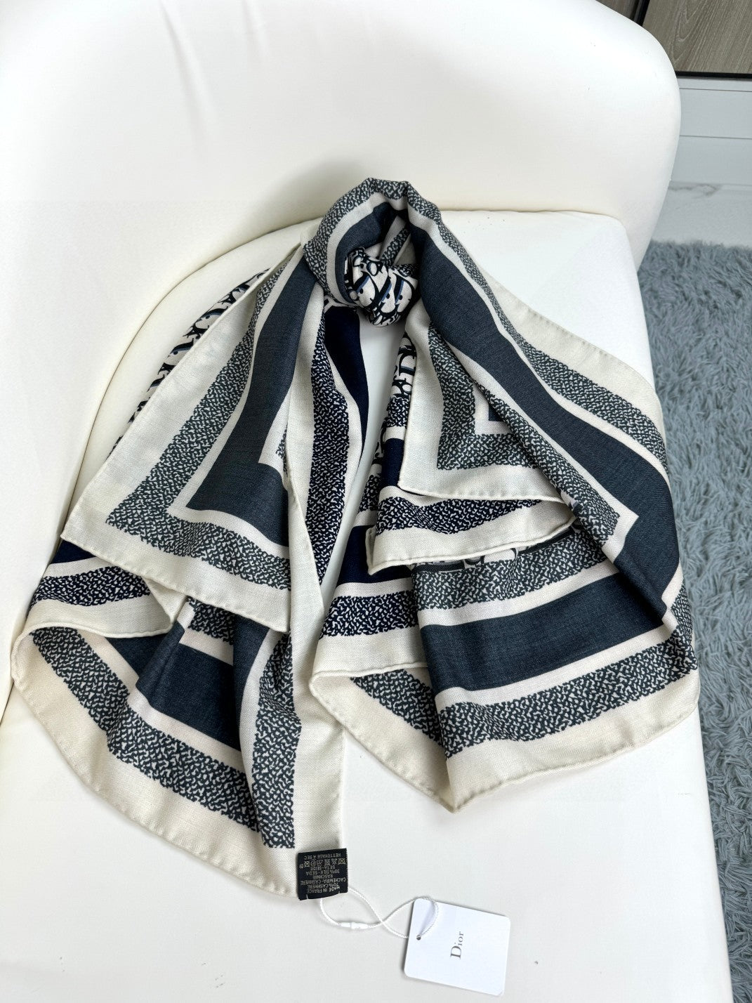 DIOR MONOGRAM SQUARE SCARF 140 CM IN BLACK MIX WHITE CASHMERE AND SILK 413742