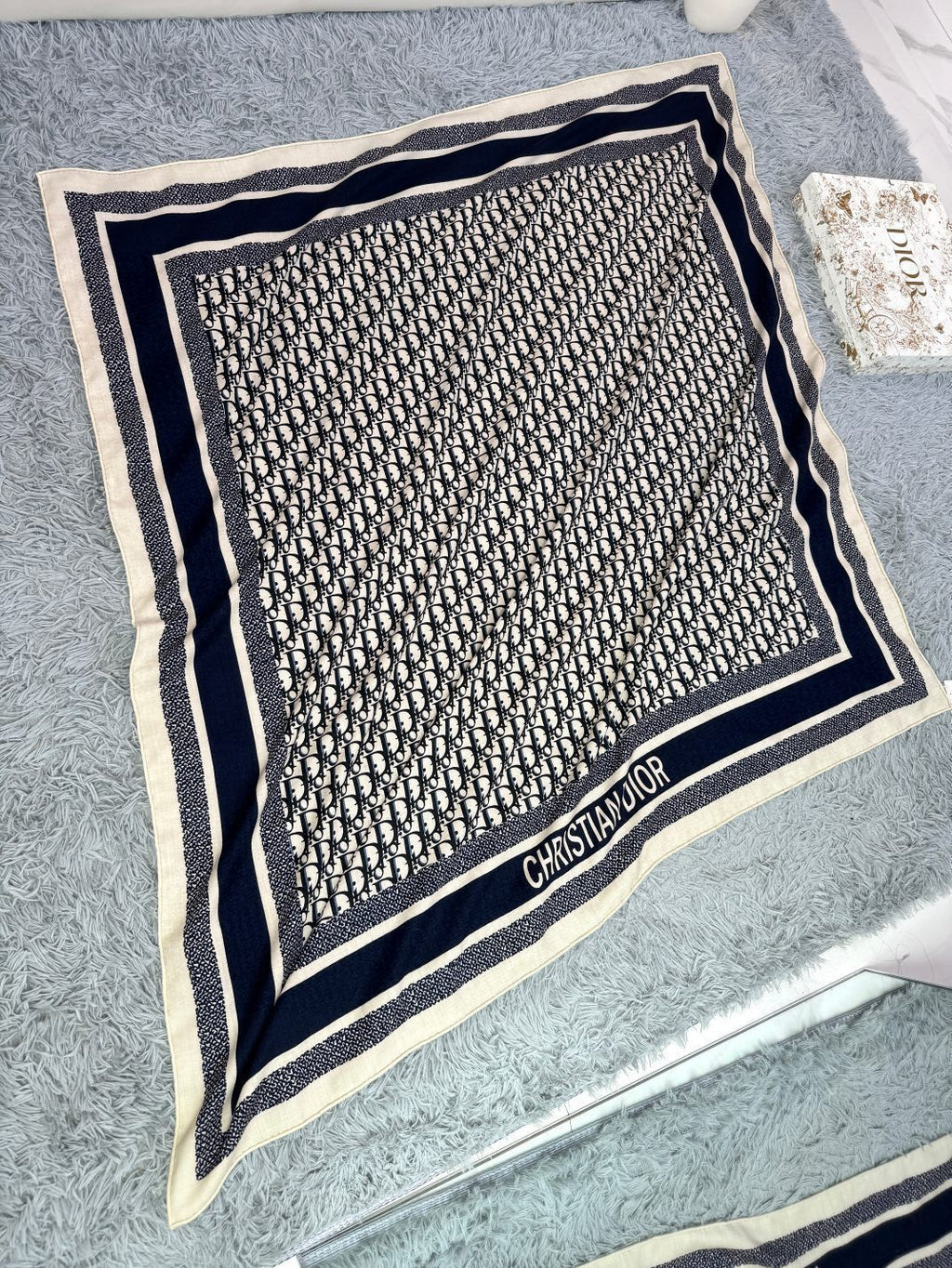 DIOR MONOGRAM SQUARE SCARF 140 CM IN BLACK MIX WHITE CASHMERE AND SILK 413742
