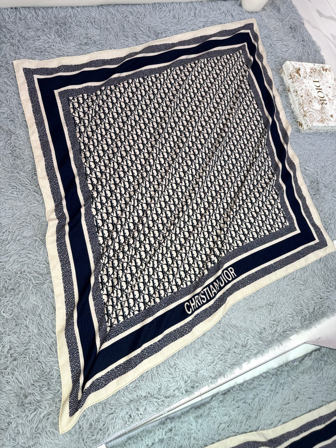 DIOR MONOGRAM SQUARE SCARF 140 CM IN BLACK MIX WHITE CASHMERE AND SILK 413742