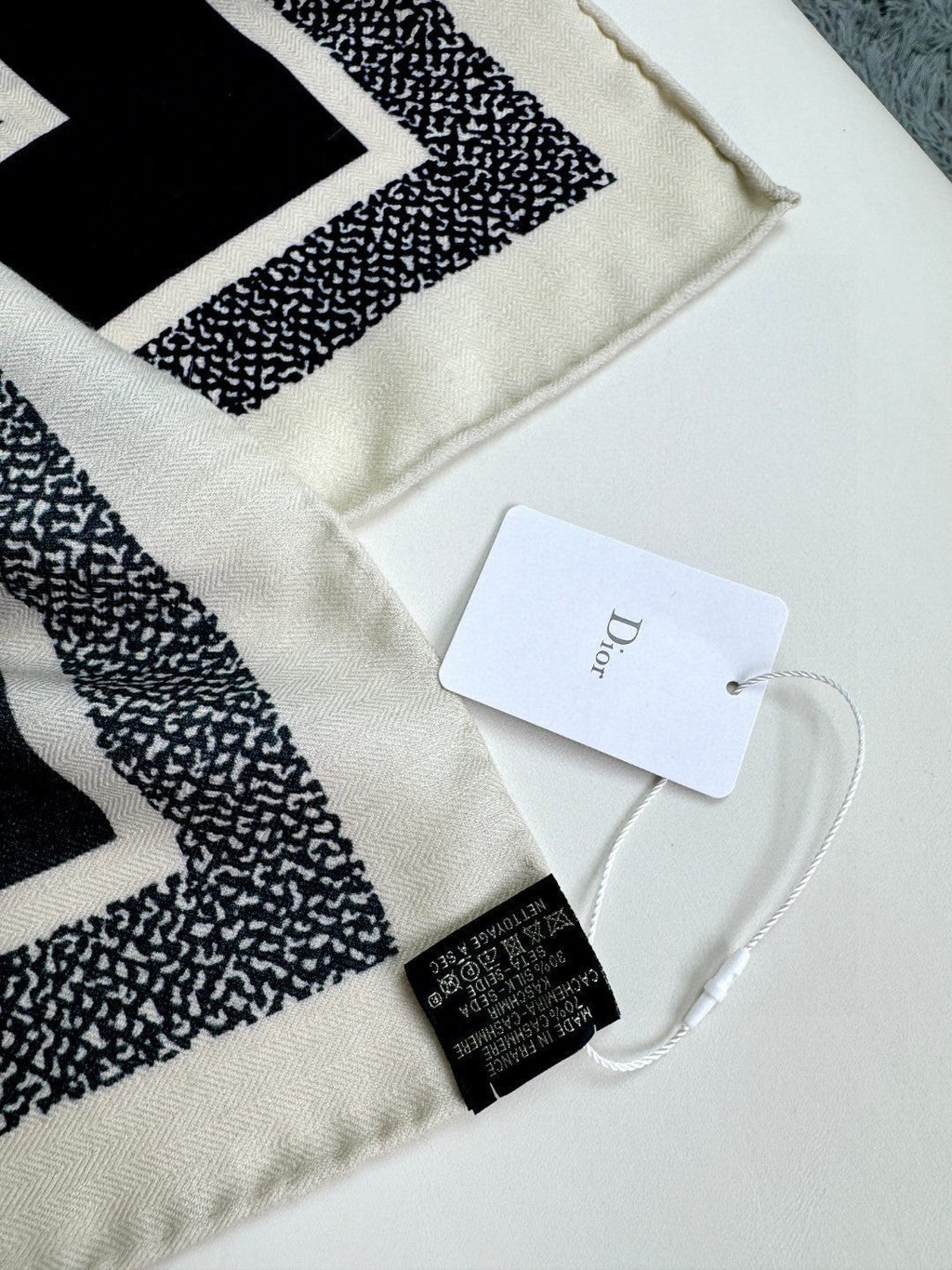 DIOR MONOGRAM SQUARE SCARF 140 CM IN BLACK MIX WHITE CASHMERE AND SILK 413742