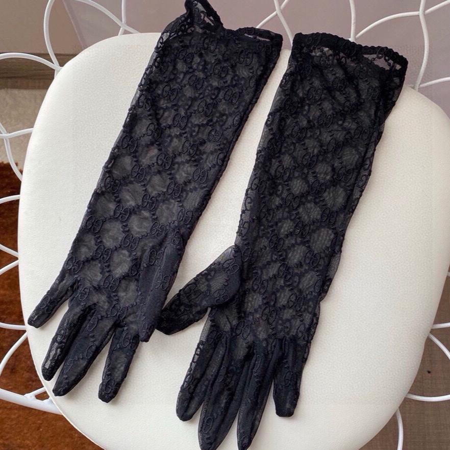GUCCI EMBROIDERED LACE MESH GLOVES BLACK 462433