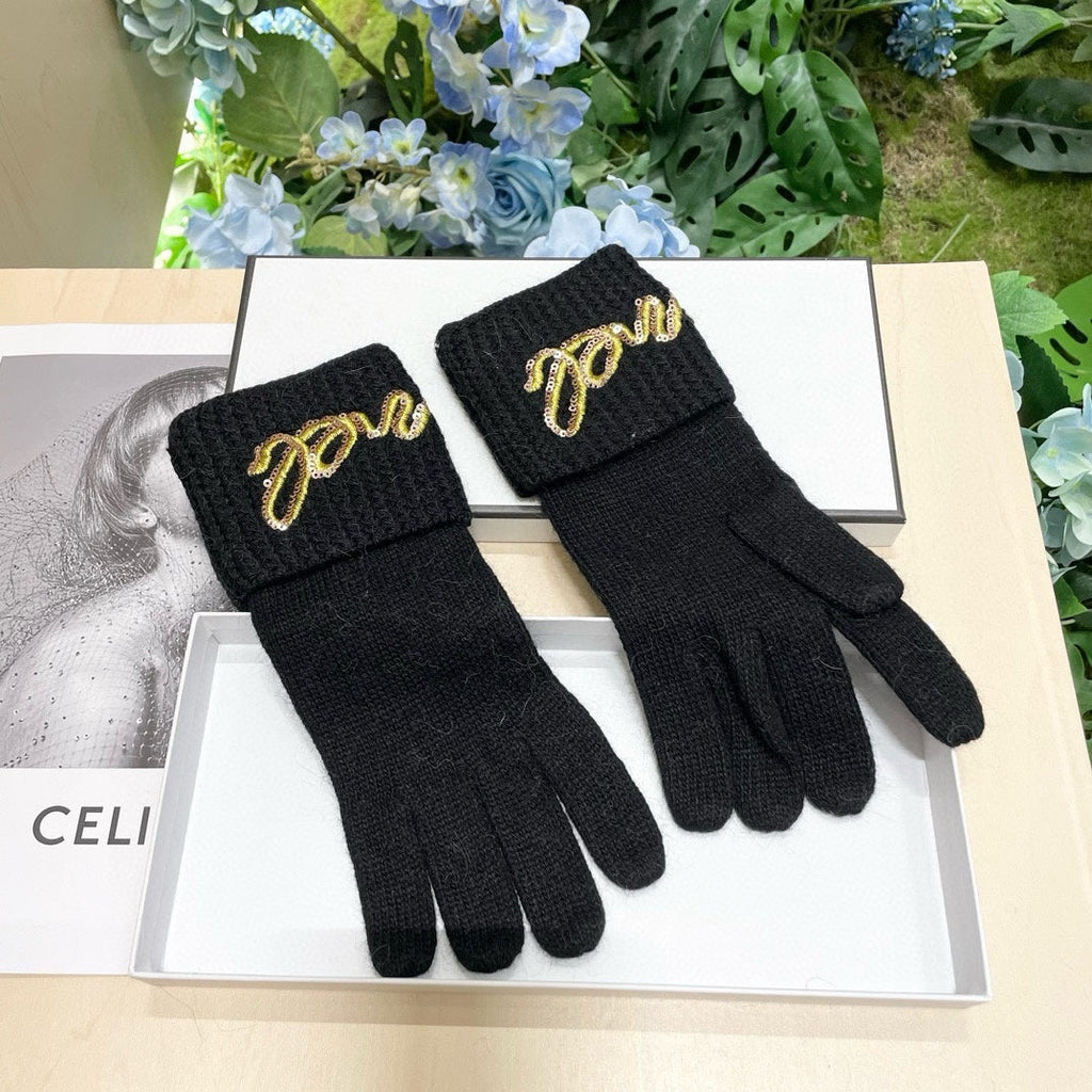 CHANEL GLOVES IN BLACK WOOL WITH YELLOW LOGO 465778