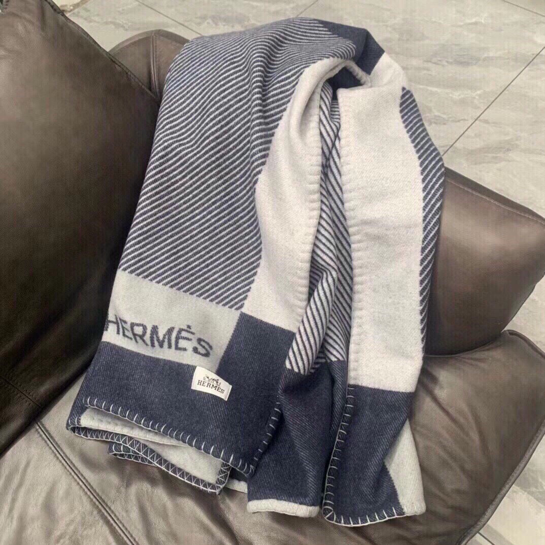 HERMES H RIVIERA BLANKET 200 CM IN NAVY BLUE WOOL AND CASERE 136856