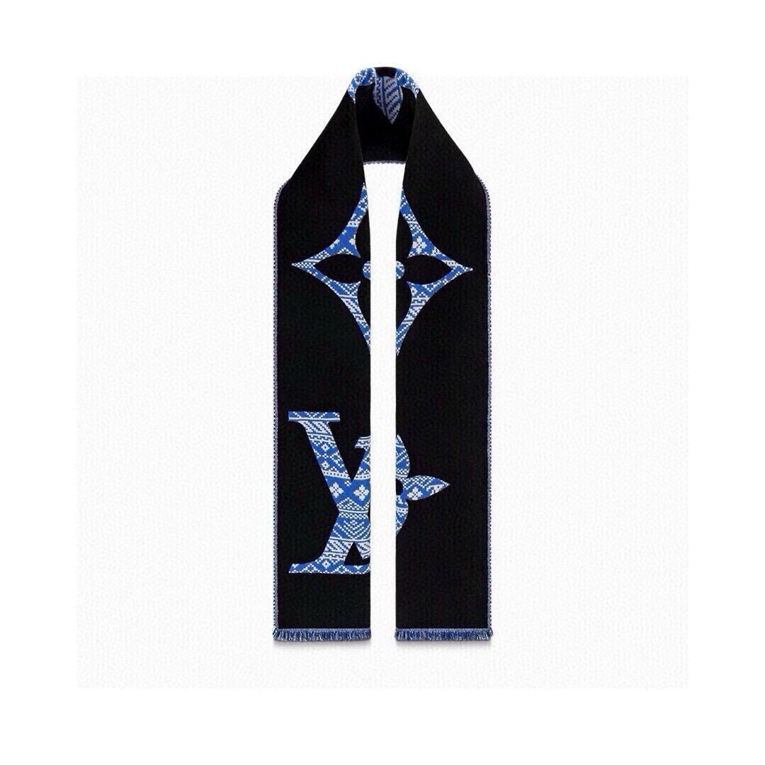 LOUIS VUITTON SCARF 200 CM IN BLACK MIX BLUE WOOL 390040